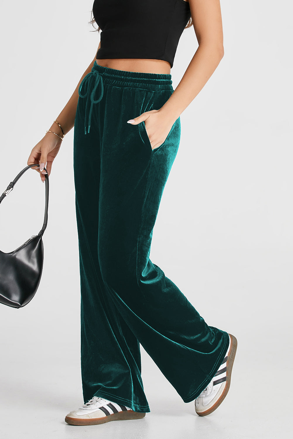 Solid Drawstring Waist Wide Leg Pants