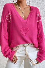 Rose Red Pearl Embellished Fuzzy Hearts V Neck Sweater