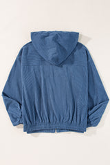 Corduroy Drawstring Hooded Pocket Zip Up Jacket