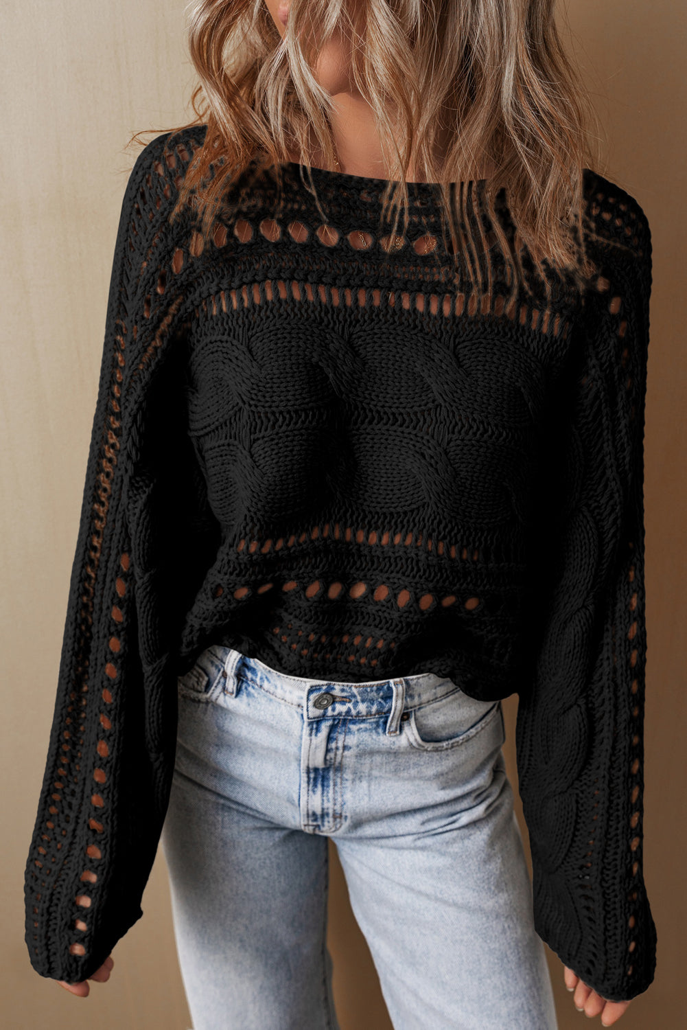 Solid Color Hollow-out Cable Knit Cropped Sweater