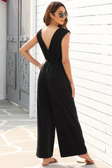 Women's Deep V Pleated Crisscross Wide Leg Backless Jumpsuit