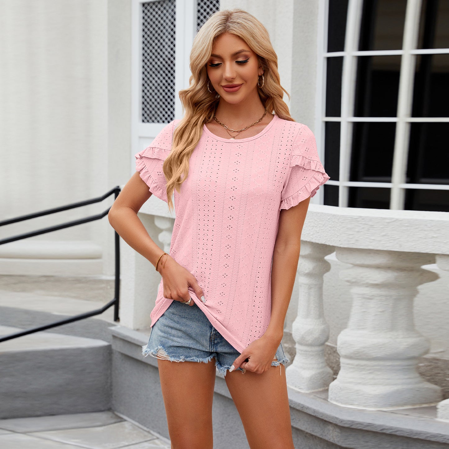 Short Sleeve Shirt Round Neck Summer Casual Blouses Tops