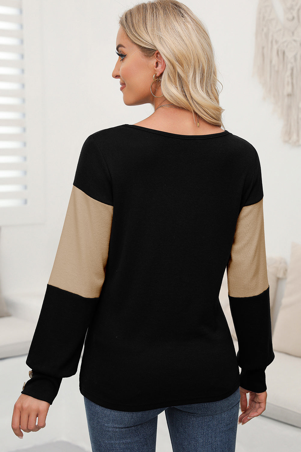 Stripe Colorblock Button Decor Long Sleeve V Neck Top