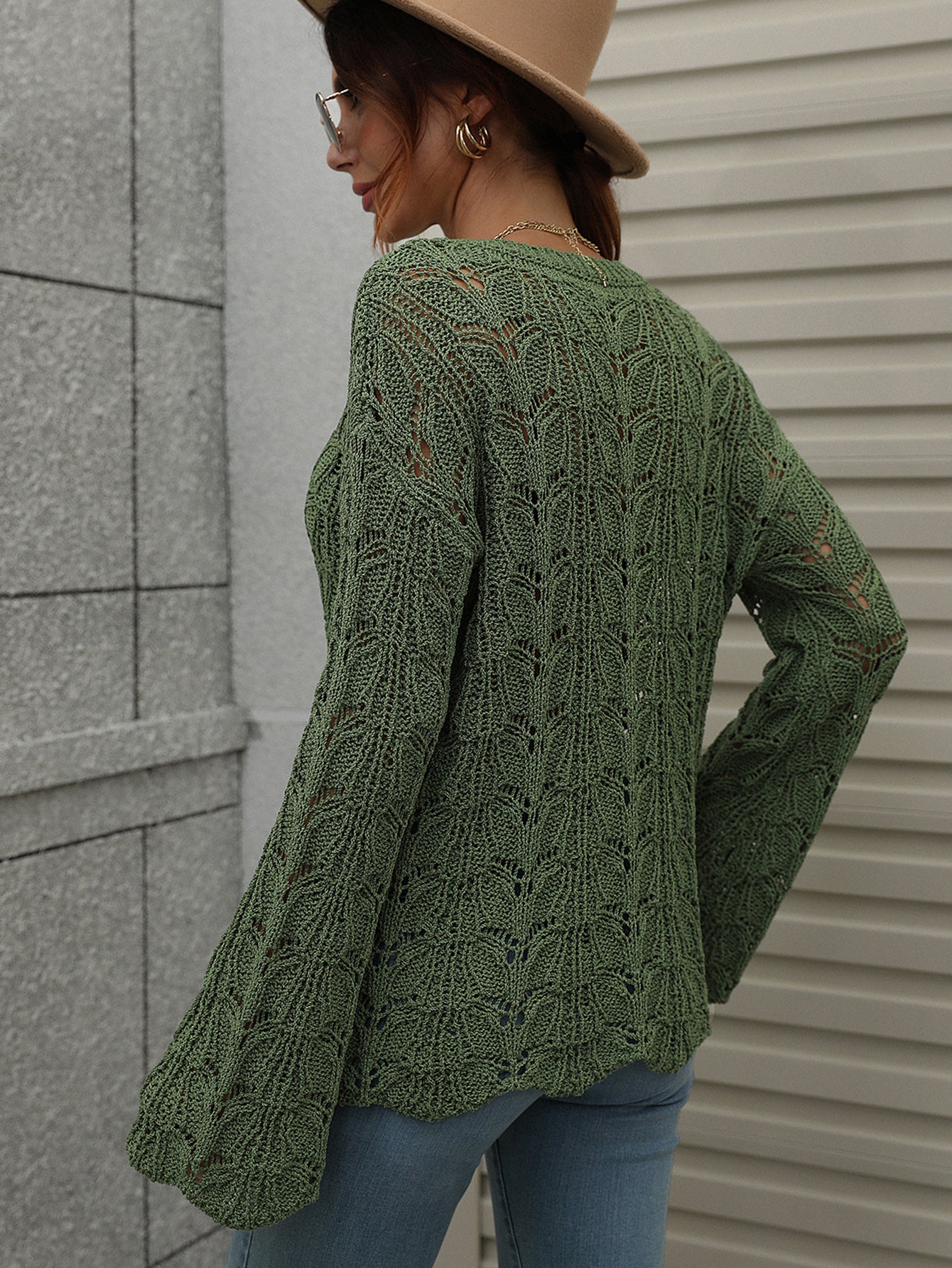 Knit Solid Color Hook Hollow Pullover Round Neck Sweater