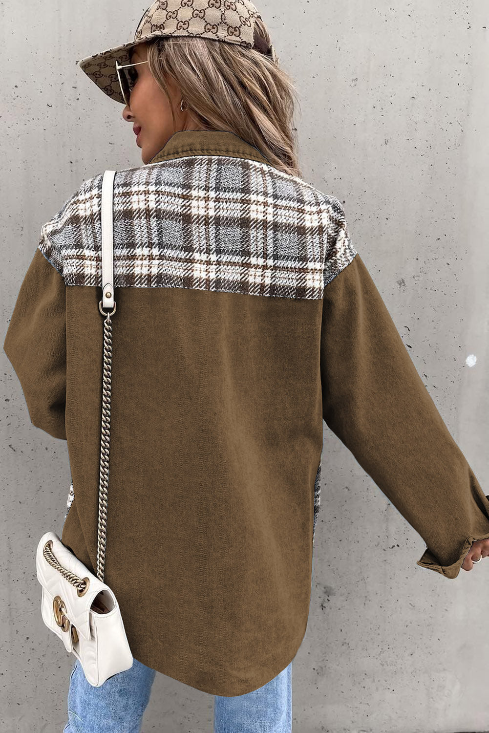 Brown Plaid Patchwork Pockets Denim Jacket