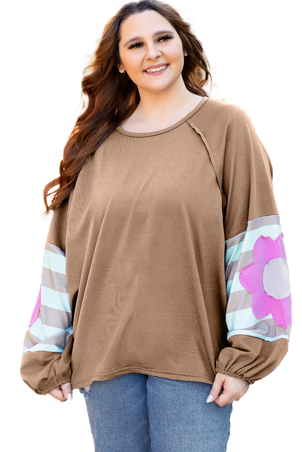 Flower Patchwork Raglan Sleeve Exposed Seam Oversized Top