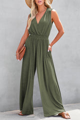 Women's Deep V Pleated Crisscross Wide Leg Backless Jumpsuit