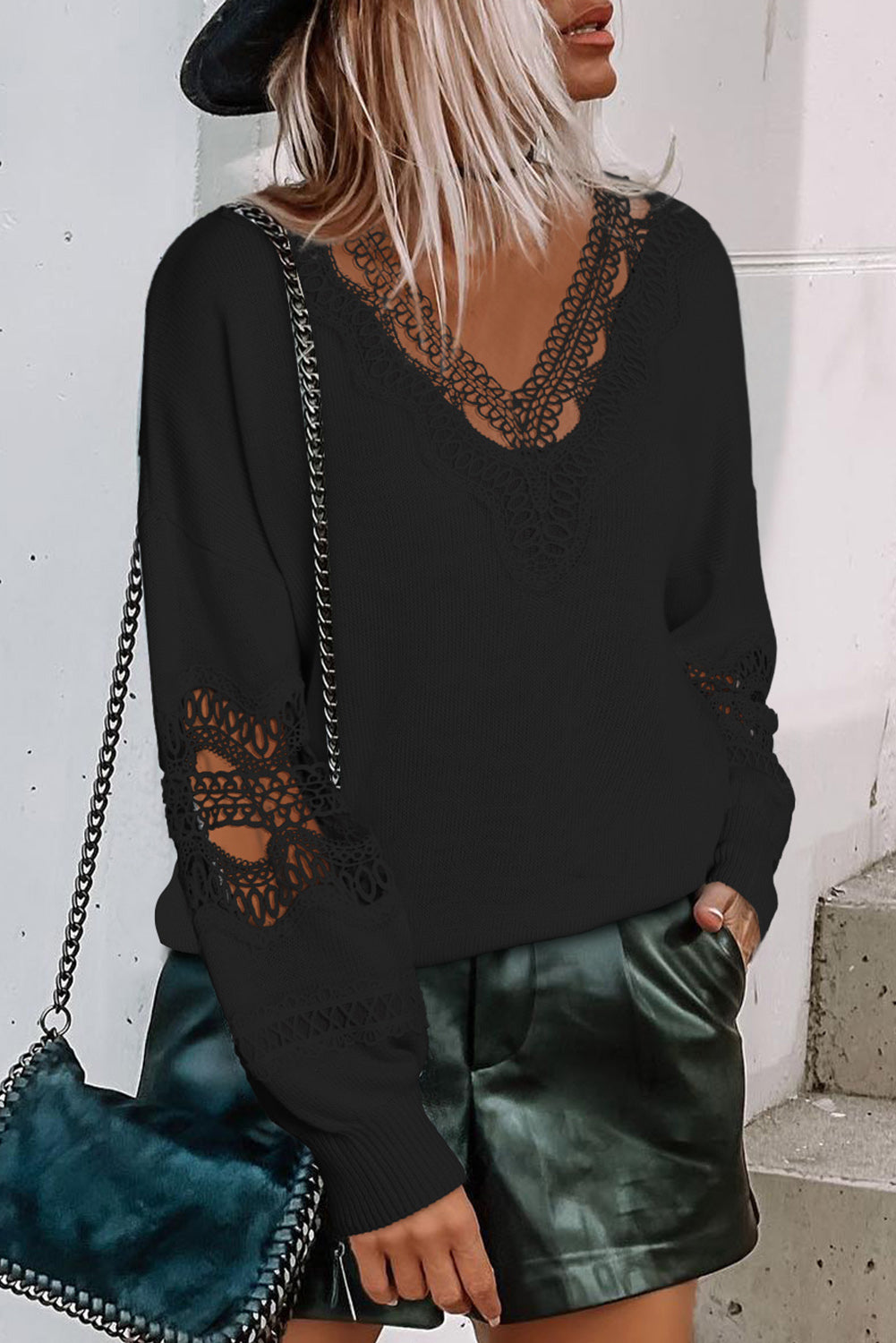 Hollowed Lace Splicing V Neck Loose Sweater