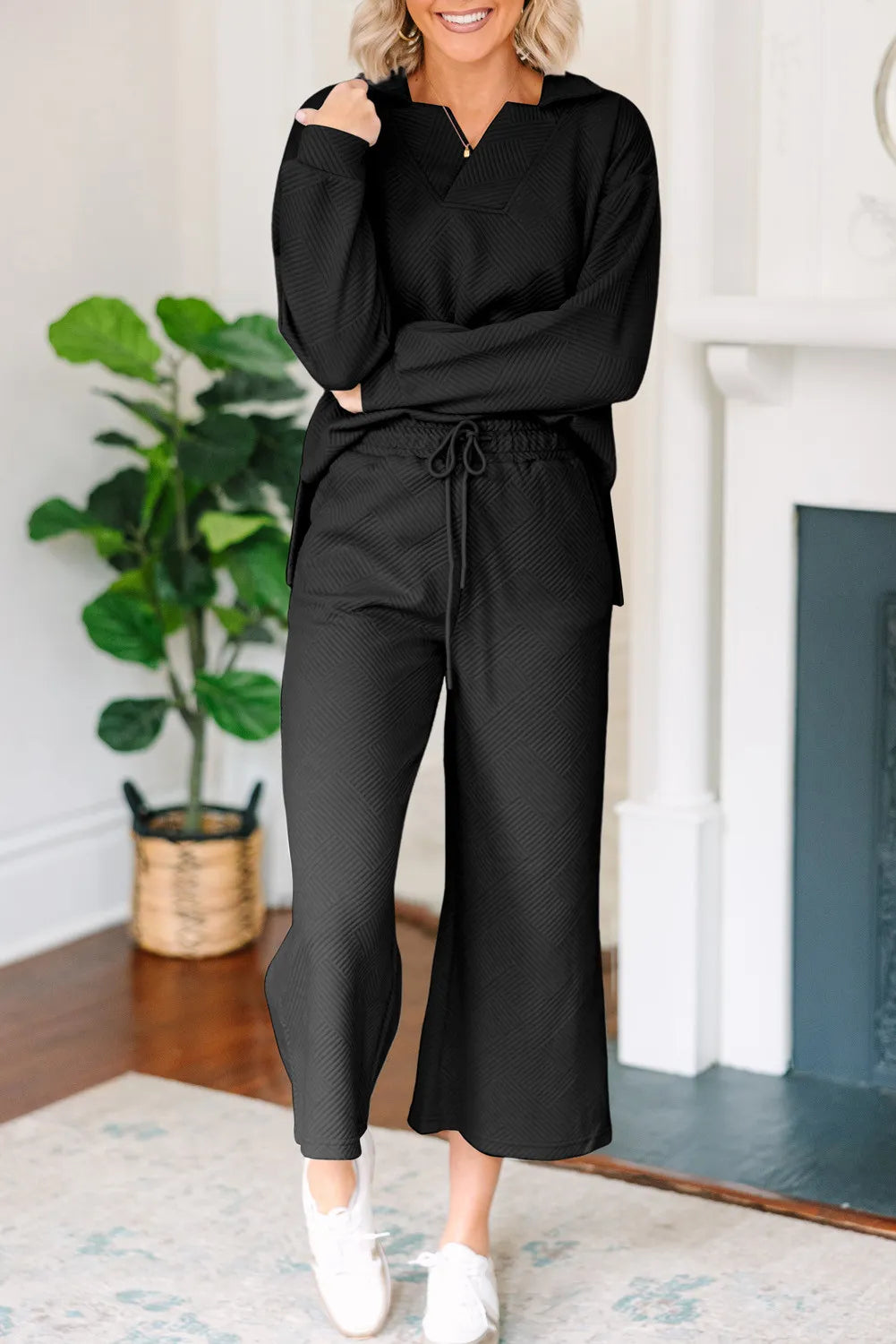 Solid Textured Collared V Neck Top and Wide Leg Pants Set