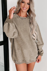 Khaki Solid Ribbed Knit Round Neck Pullover Sweatshirt