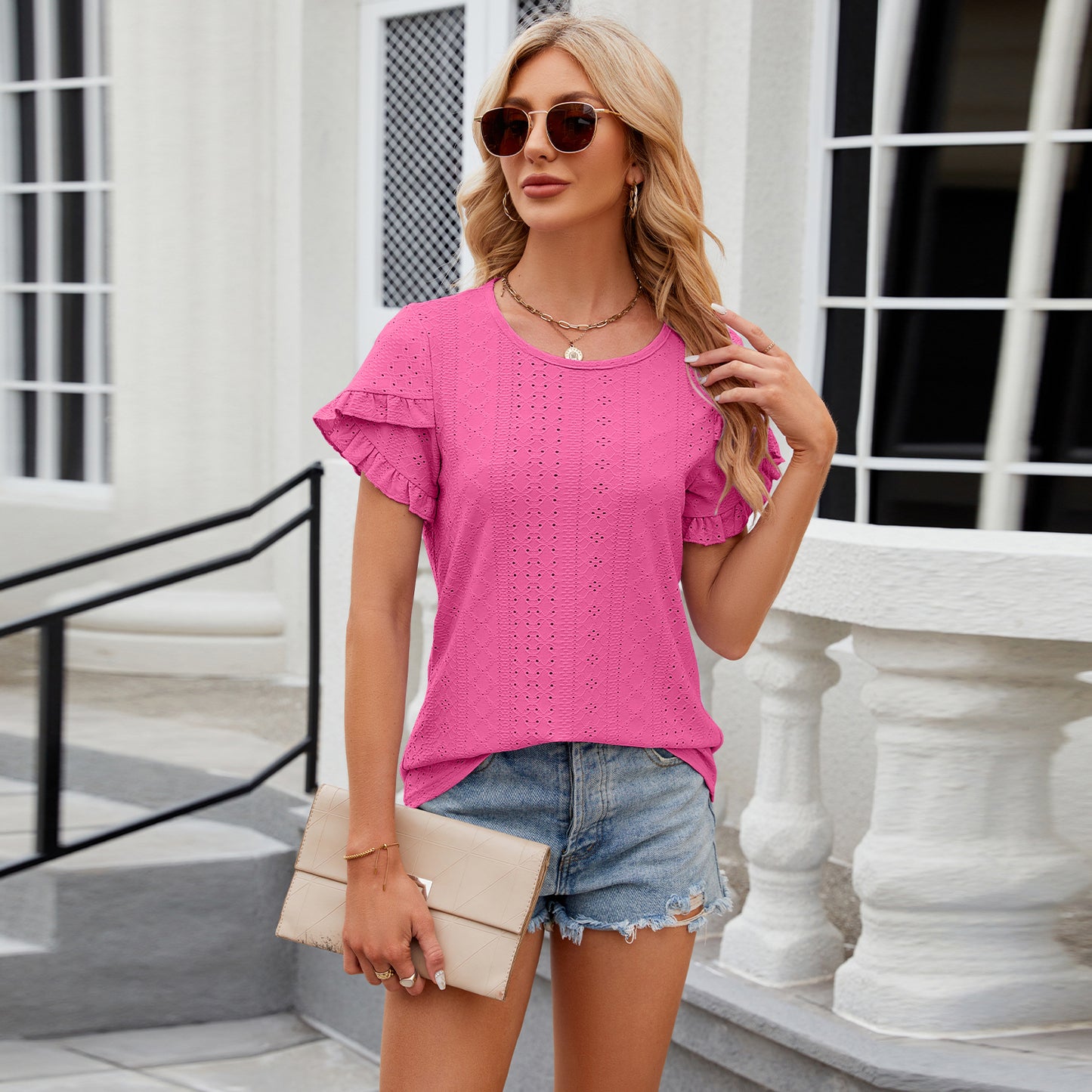 Short Sleeve Shirt Round Neck Summer Casual Blouses Tops