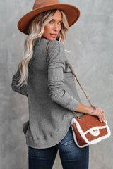 Gray Crew Neck Ribbed Trim Waffle Knit Top