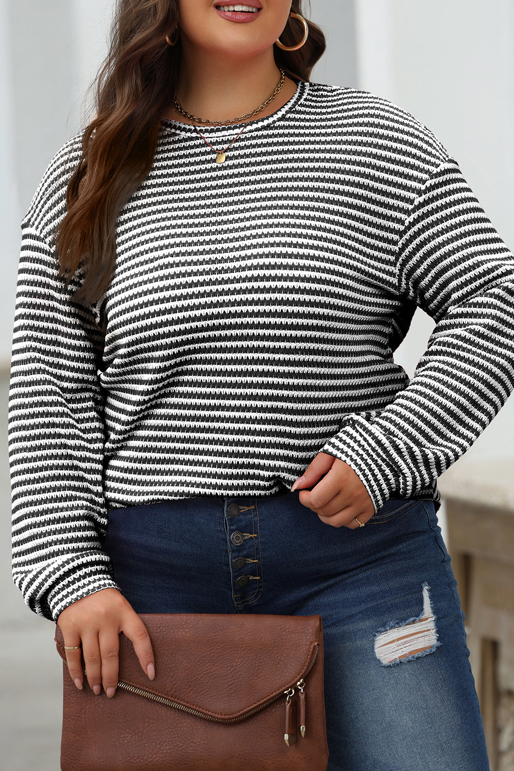 Stripe Round Neck Drop Shoulder Long Sleeve Top