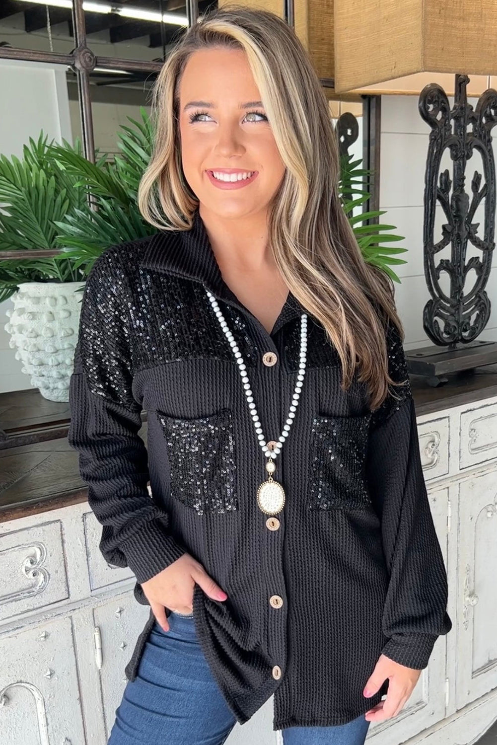 Sequin Patch Chest Pocket Corded Shacket