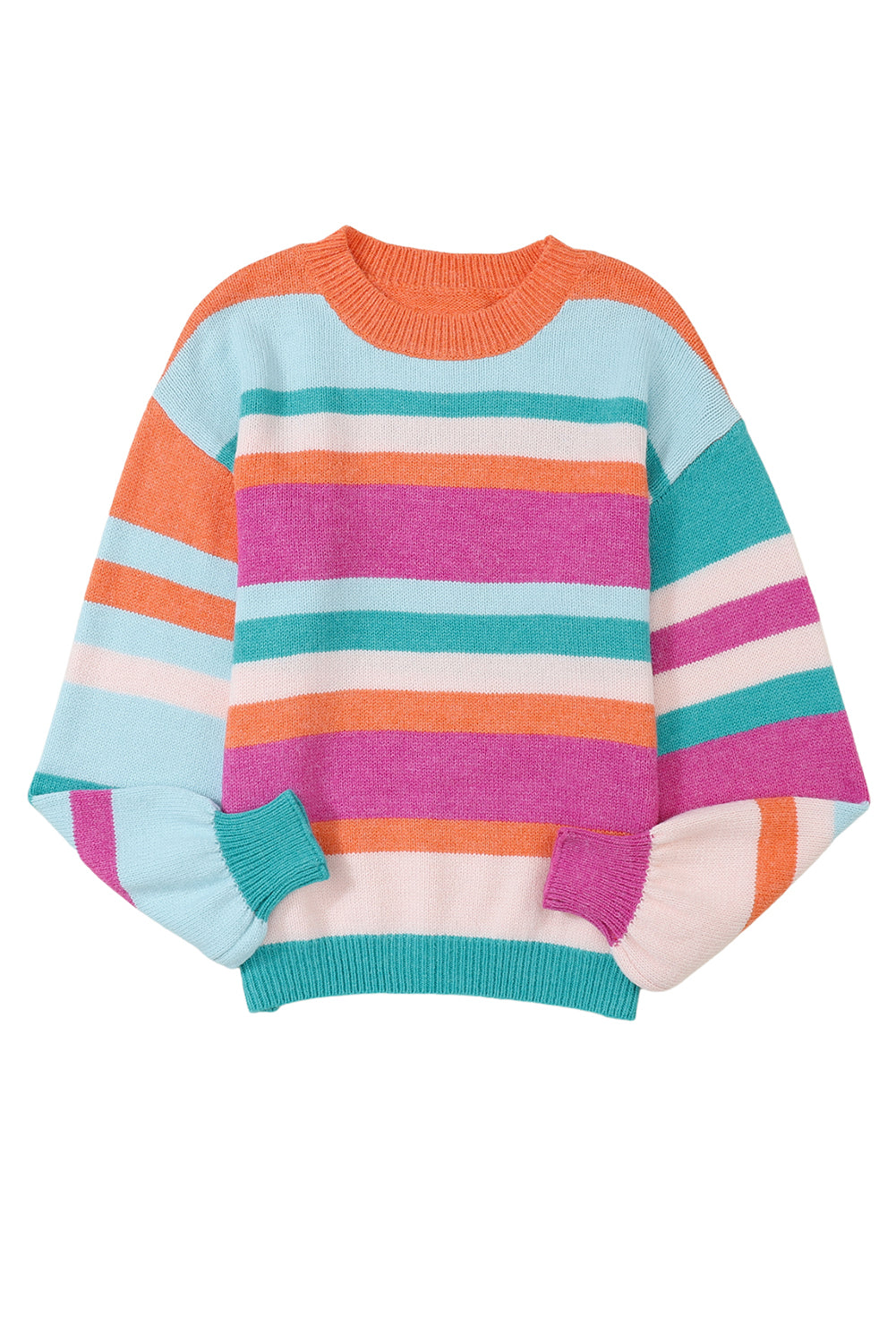 Multicolor Striped Knit Drop Shoulder Puff Sleeve Sweater