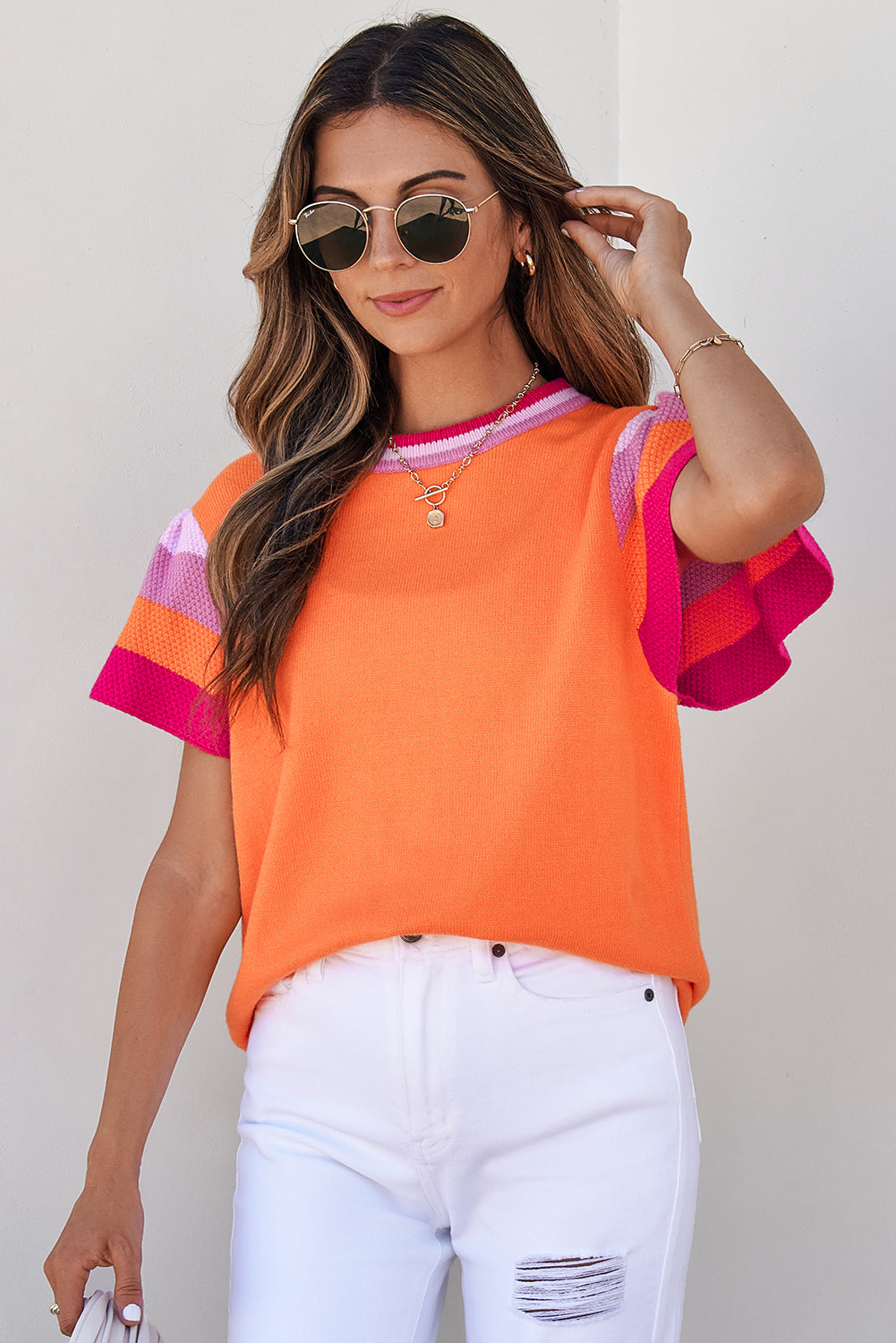 Multicolor Flutter Sleeves Knitted Sweater T Shirt