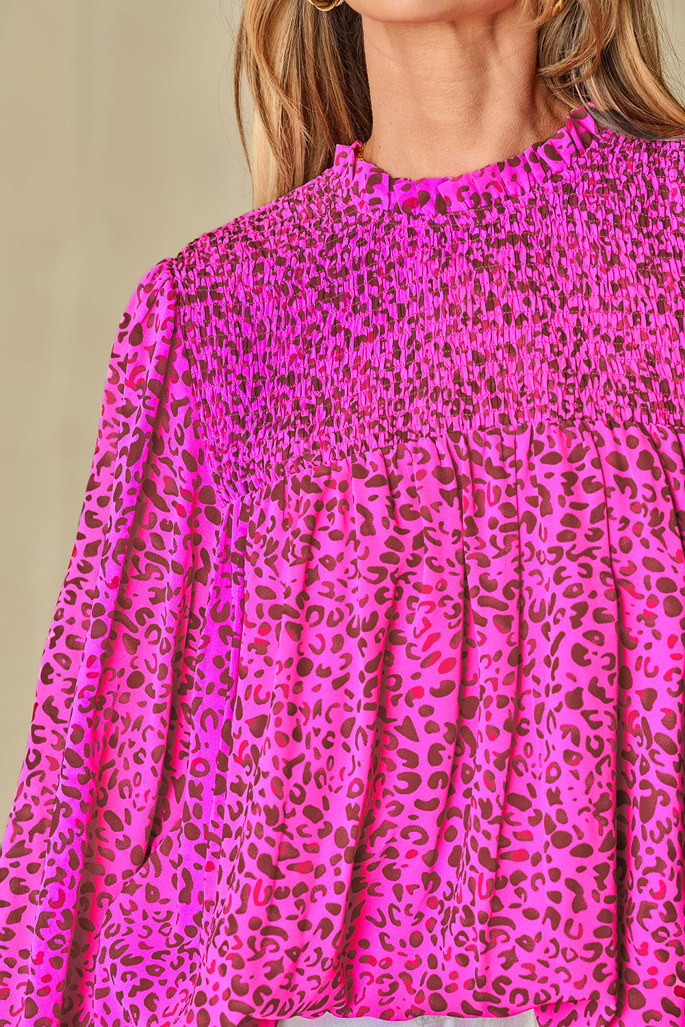 Rose Leopard Shirred Puff Sleeve Flowy Blouse