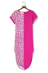 Rose Contrast Leopard Short Sleeve T-shirt Dress with Slits