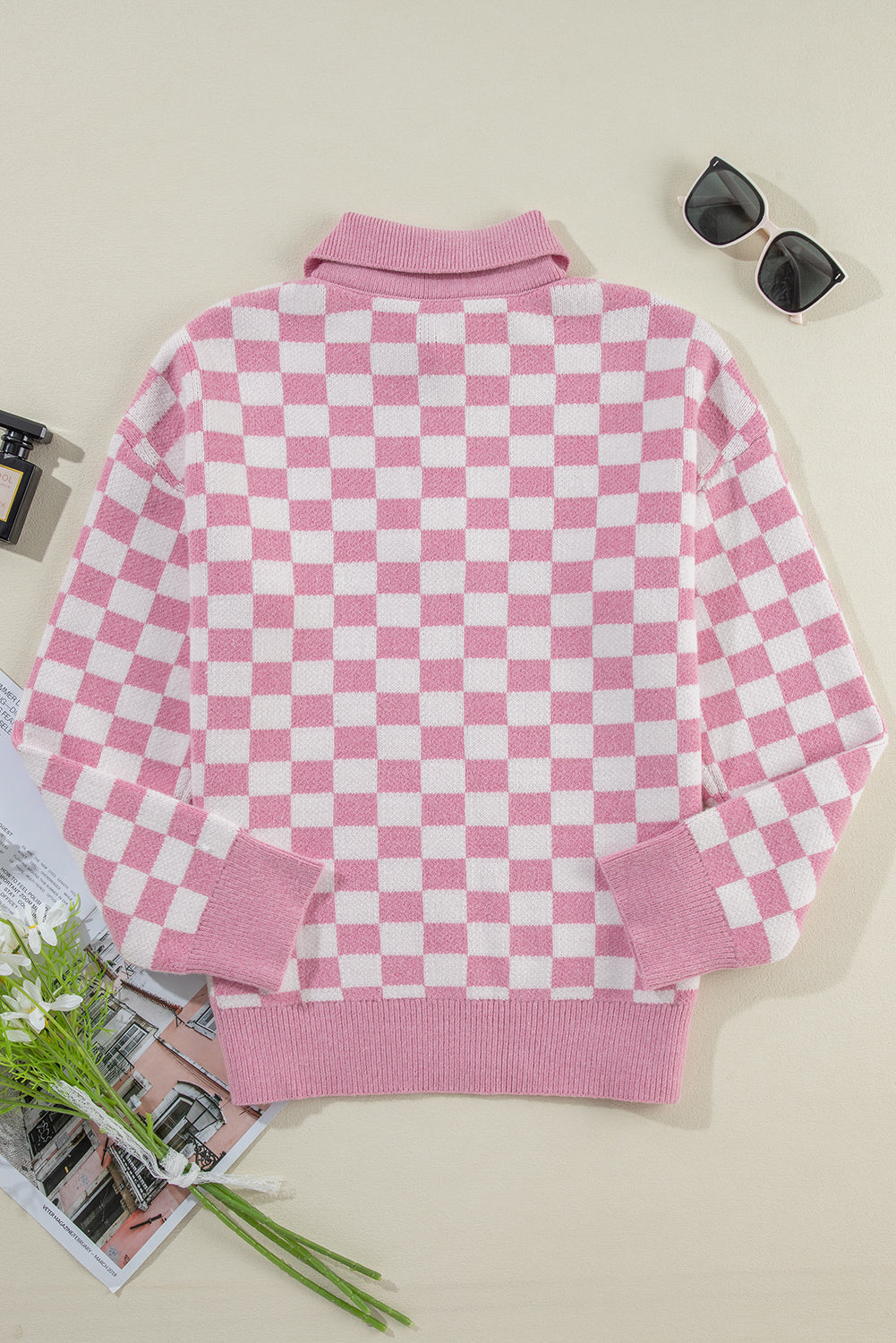 Pink Checkered Buttons Collar V Neck Drop Shoulder Sweater