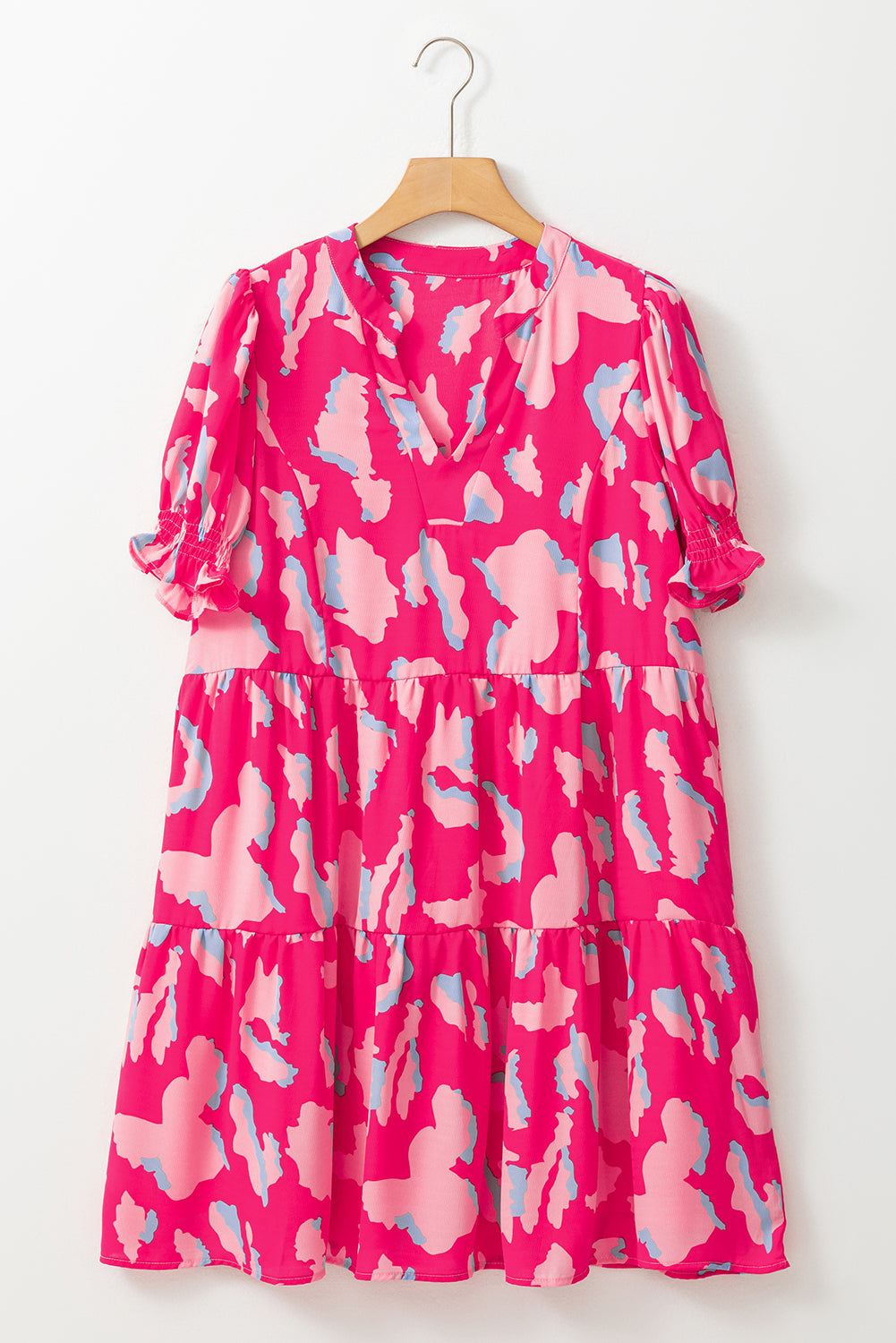 Pink Abstract Printed Puff Short Sleeve Tiered Loose Dress