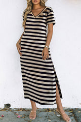Black Stripe Print V Neck Maxi Dress with Side Splits