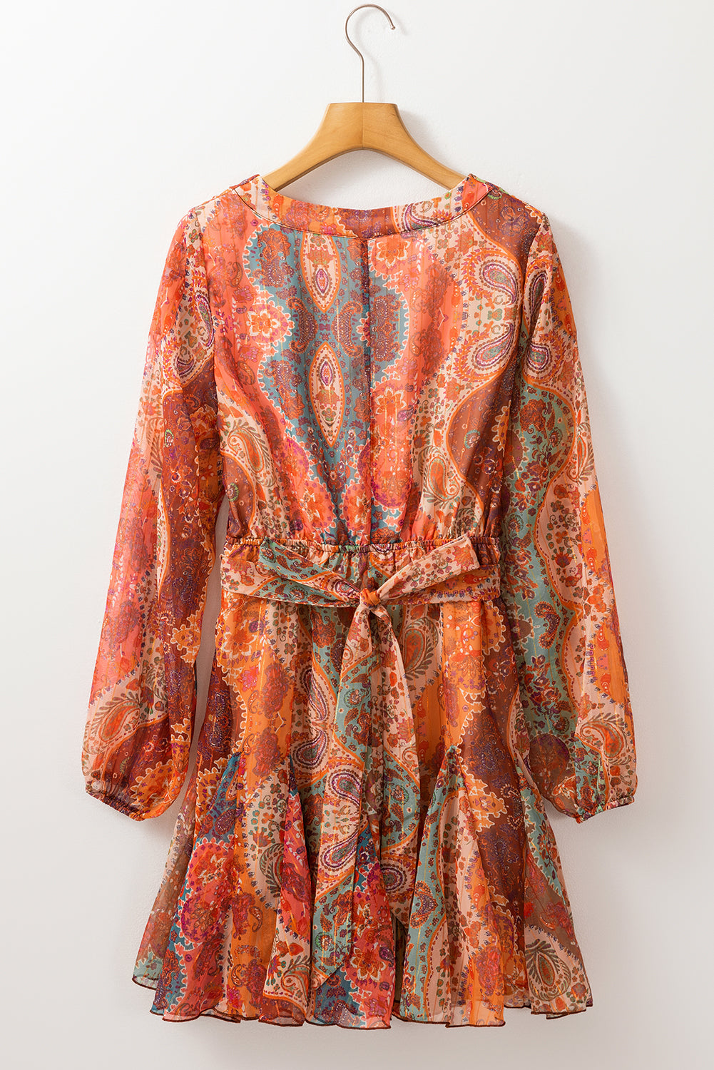 Boho Paisley Print Long Sleeve Pleated Belted Mini Dress