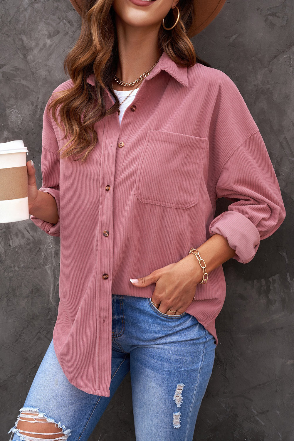 Pink Corduroy Button Pocket Shirt