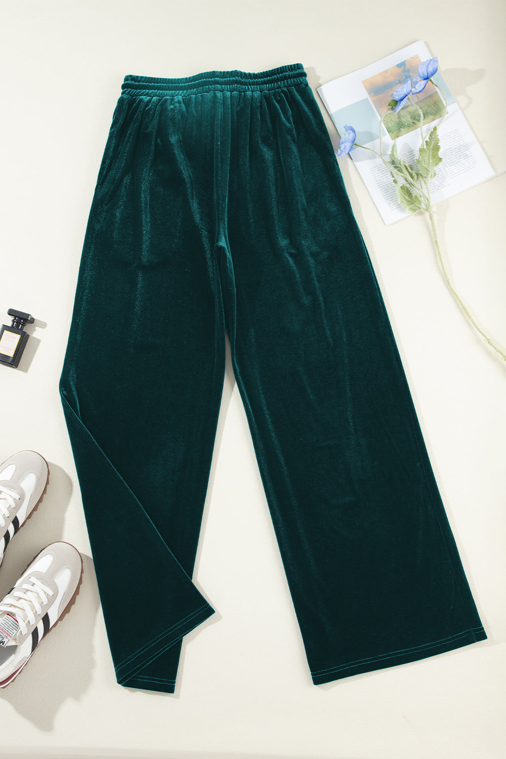 Solid Drawstring Waist Wide Leg Pants