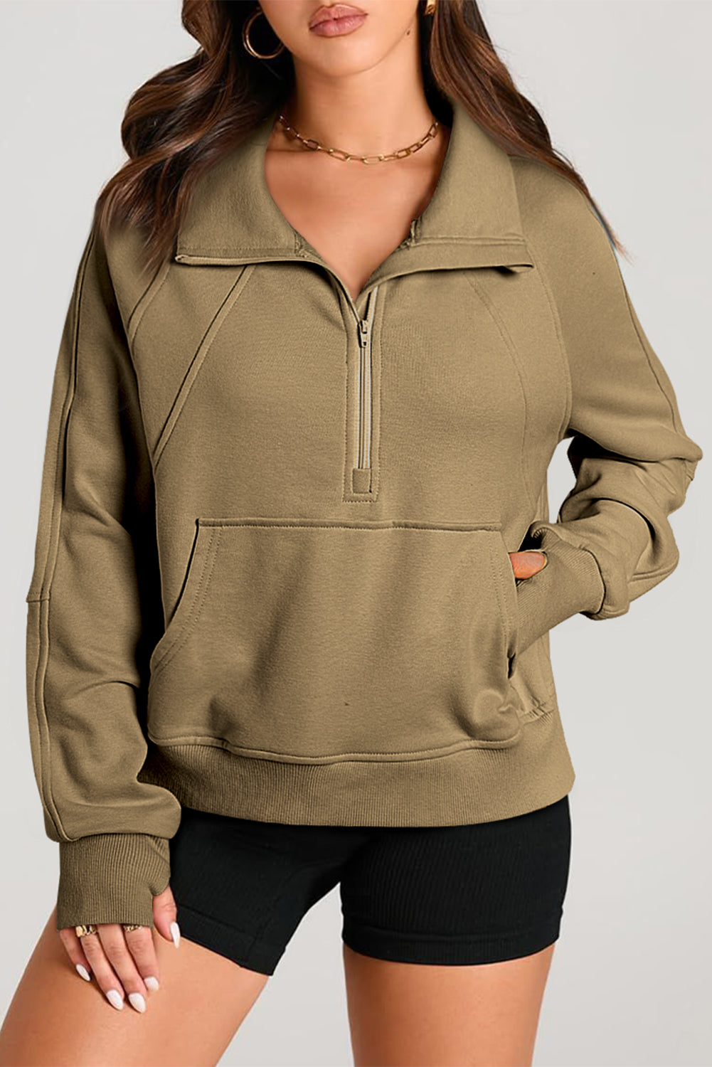 Solid Color Quarter Zip Stand Neck Kangaroo Pocket Sweatshirt