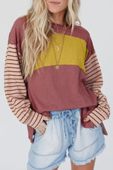 Red Colorblock Striped Bishop Sleeve Top