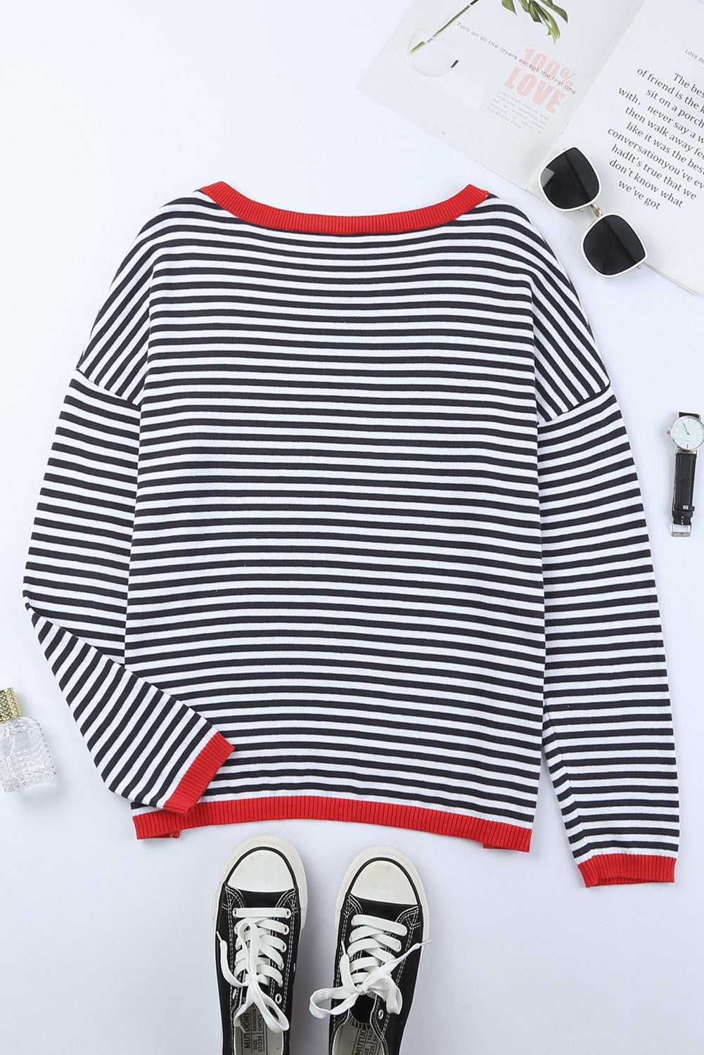 Contrast Trimmed Striped Drop Shoulder Sweater