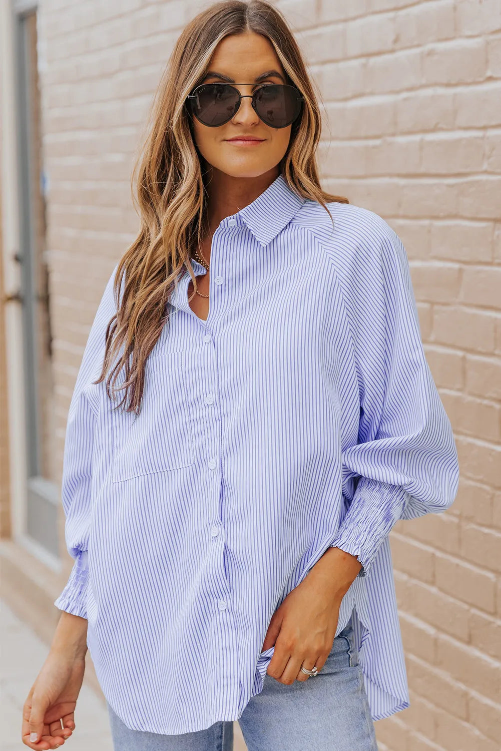 Smocked Cuffed Striped Boyfriend Shirt with Pocket