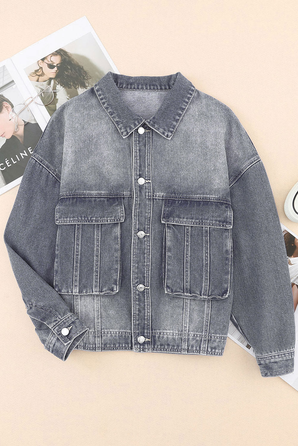 Chest Pockets Drop Shoulder Loose Denim Jacket