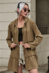 Khaki Tiered Ruffled Zip-Up Drawstring Hooded Jacket