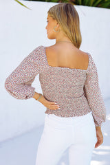 Apricot Square Neck Puff Sleeve Floral Smocked Top