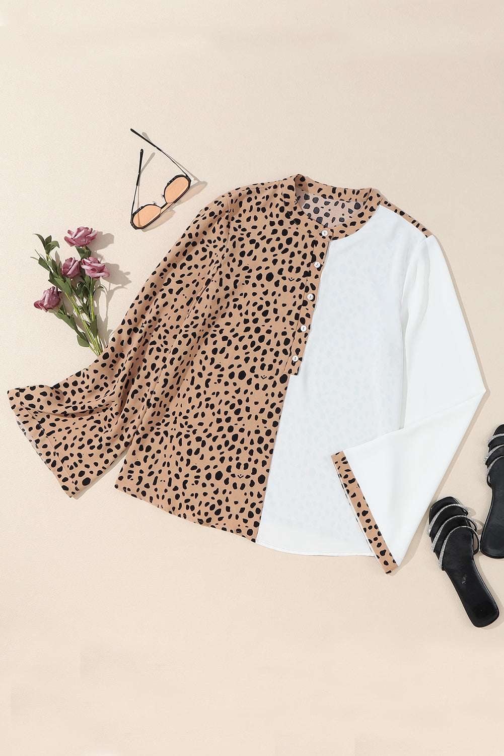 Khaki Leopard Contrast Half Button Casual Blouse