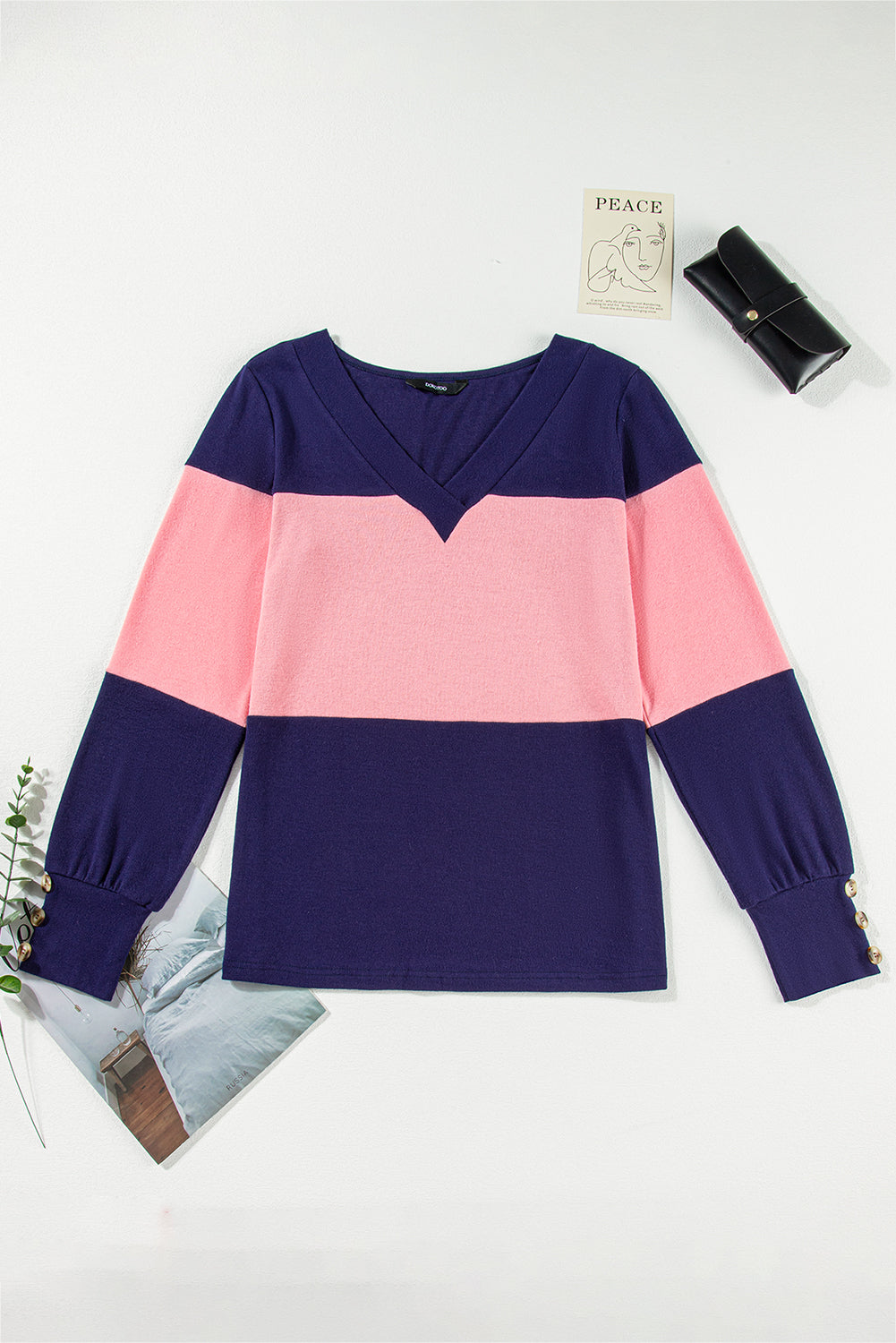 Stripe Colorblock Button Decor Long Sleeve V Neck Top