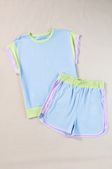 Solid Color Contrast Trim Cap Sleeve Tee Shorts Set