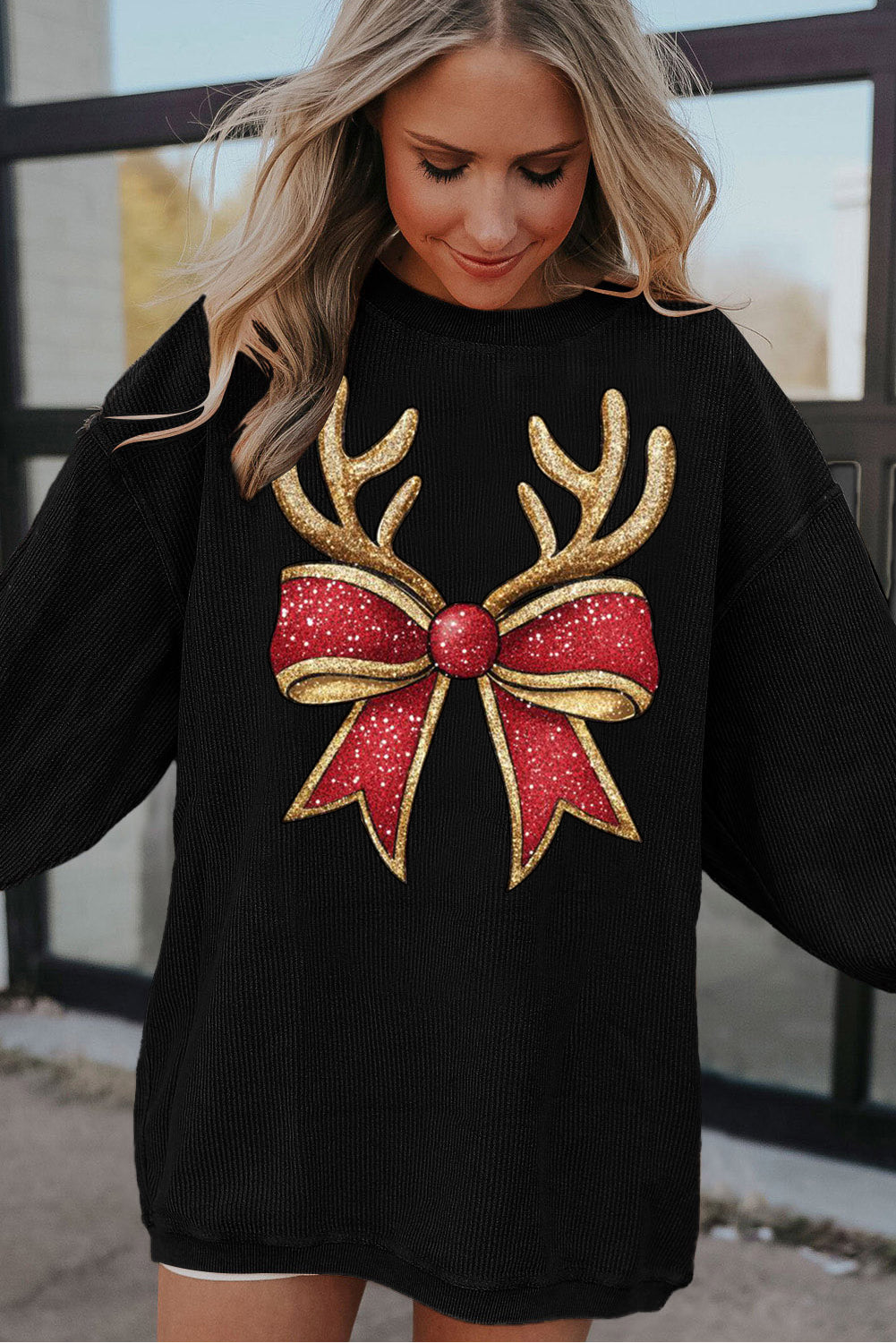 Christmas Round Neck Antler Bow Pattern Pullover Sweatshirt