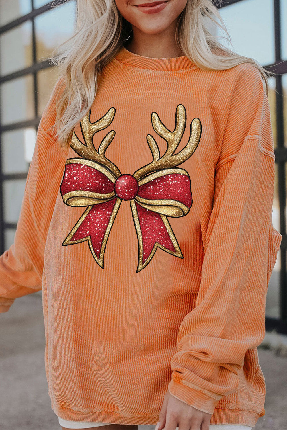 Christmas Round Neck Antler Bow Pattern Pullover Sweatshirt