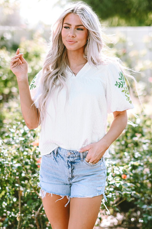 Solid Color Floral Embroidered Puff Sleeve Notched Neck Blouse