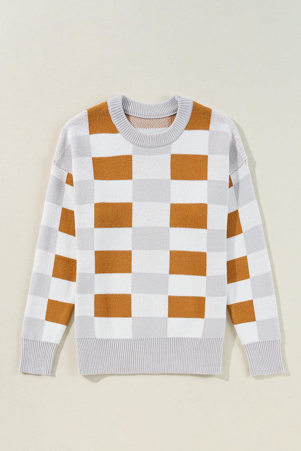 Checkered Ribbed Edge O Neck Drop Shoulder Sweater