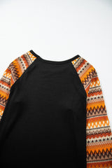 Orange Geo Print Raglan Patchwork Long Sleeve Tee