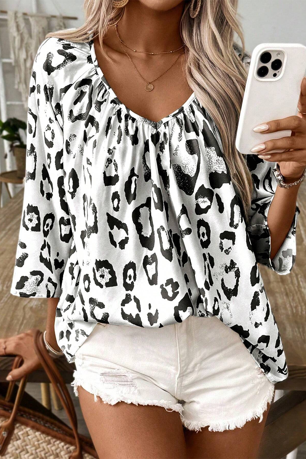 Leopard Print Ruched V Neck 3/4 Sleeve Blouse