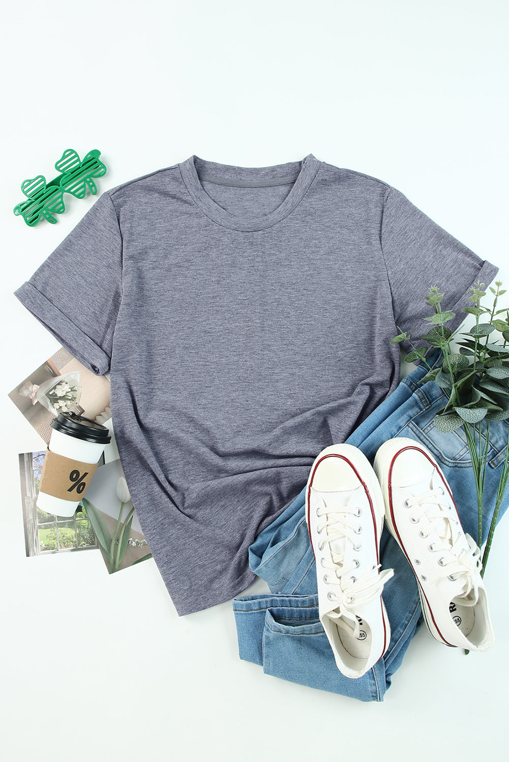 Gray Solid Color Crew Neck Tee