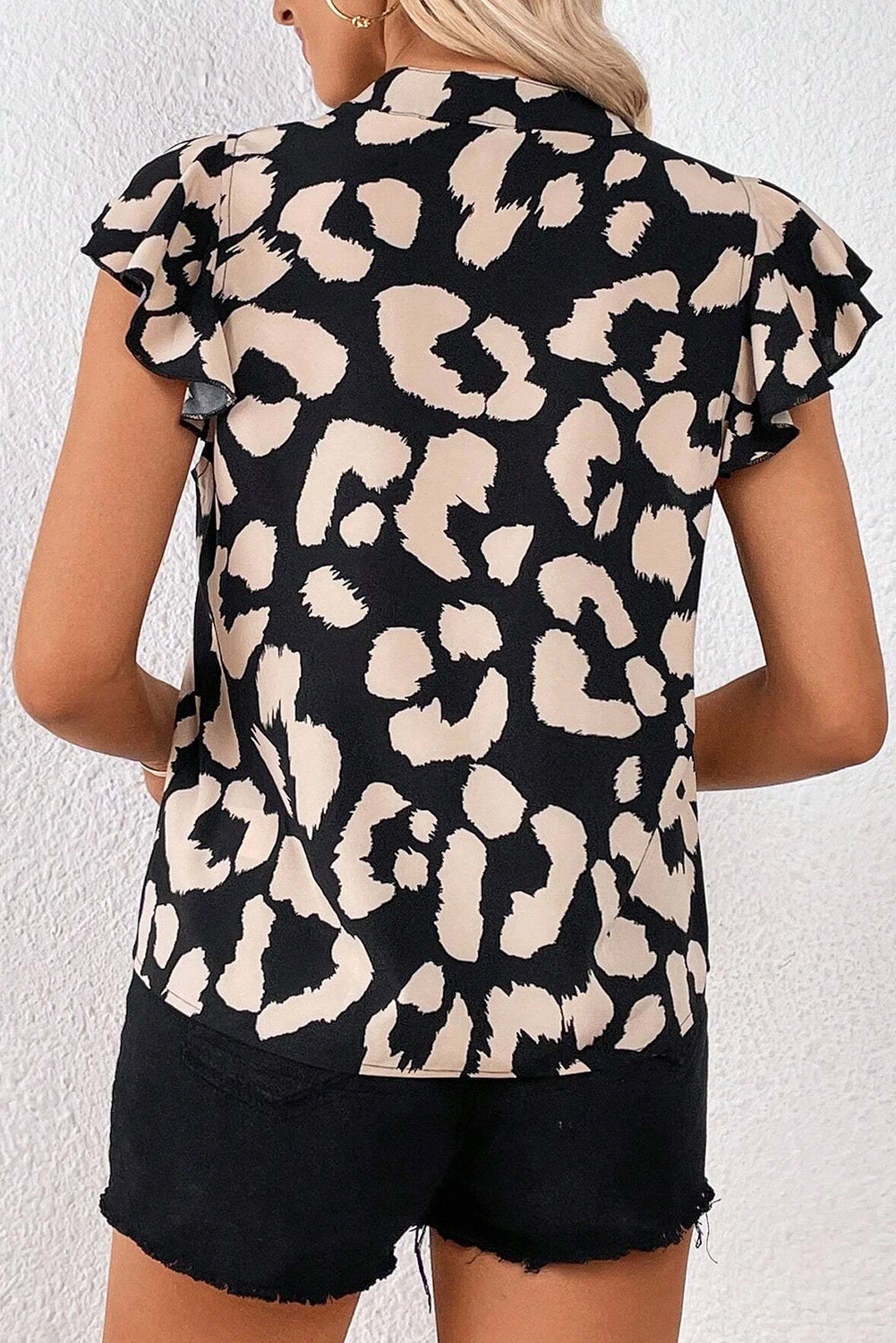 Leopard Ruffled Flutter Sleeve Split Neck Blouse