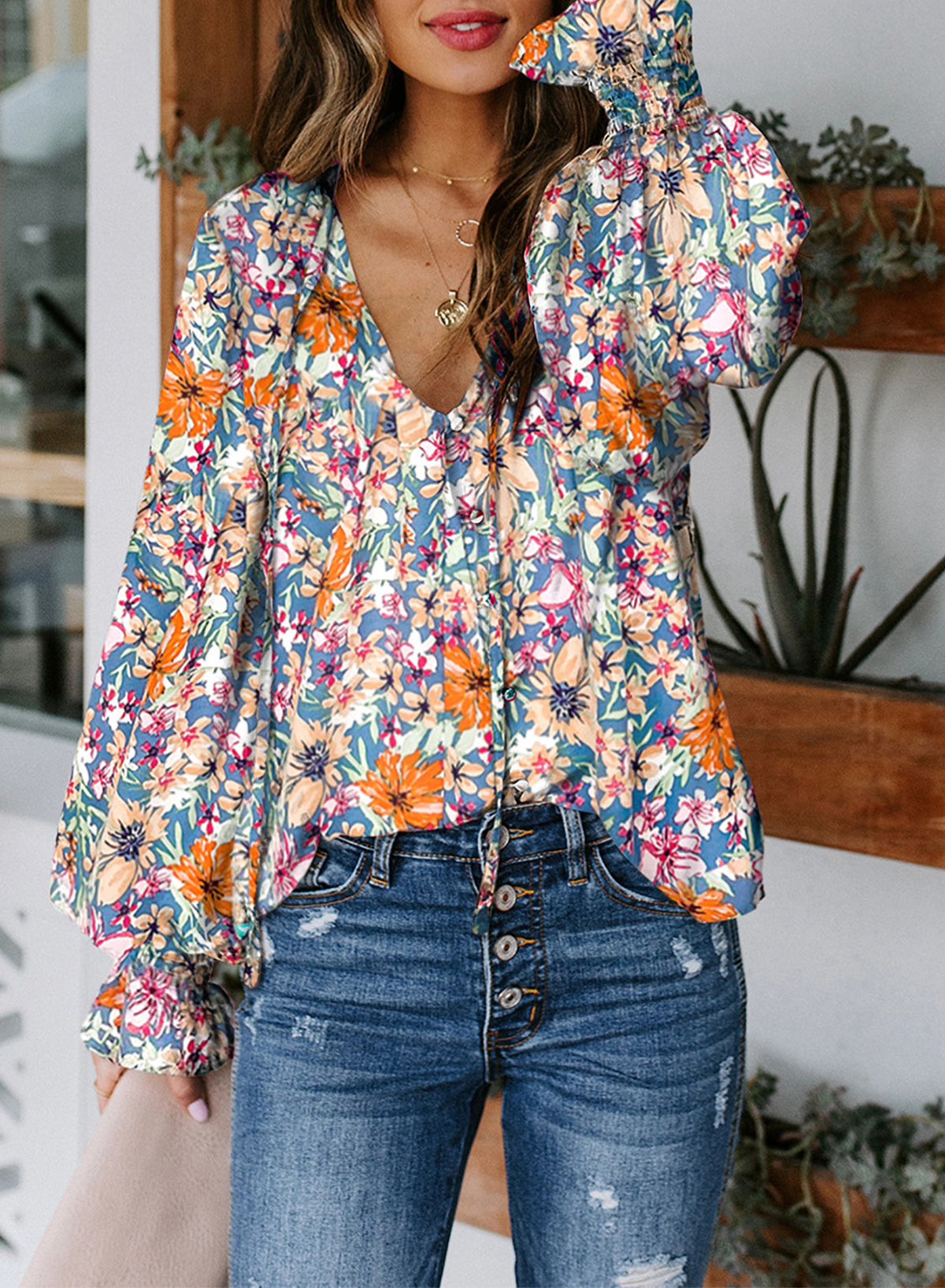 Multicolor Floral Smocked Blouse