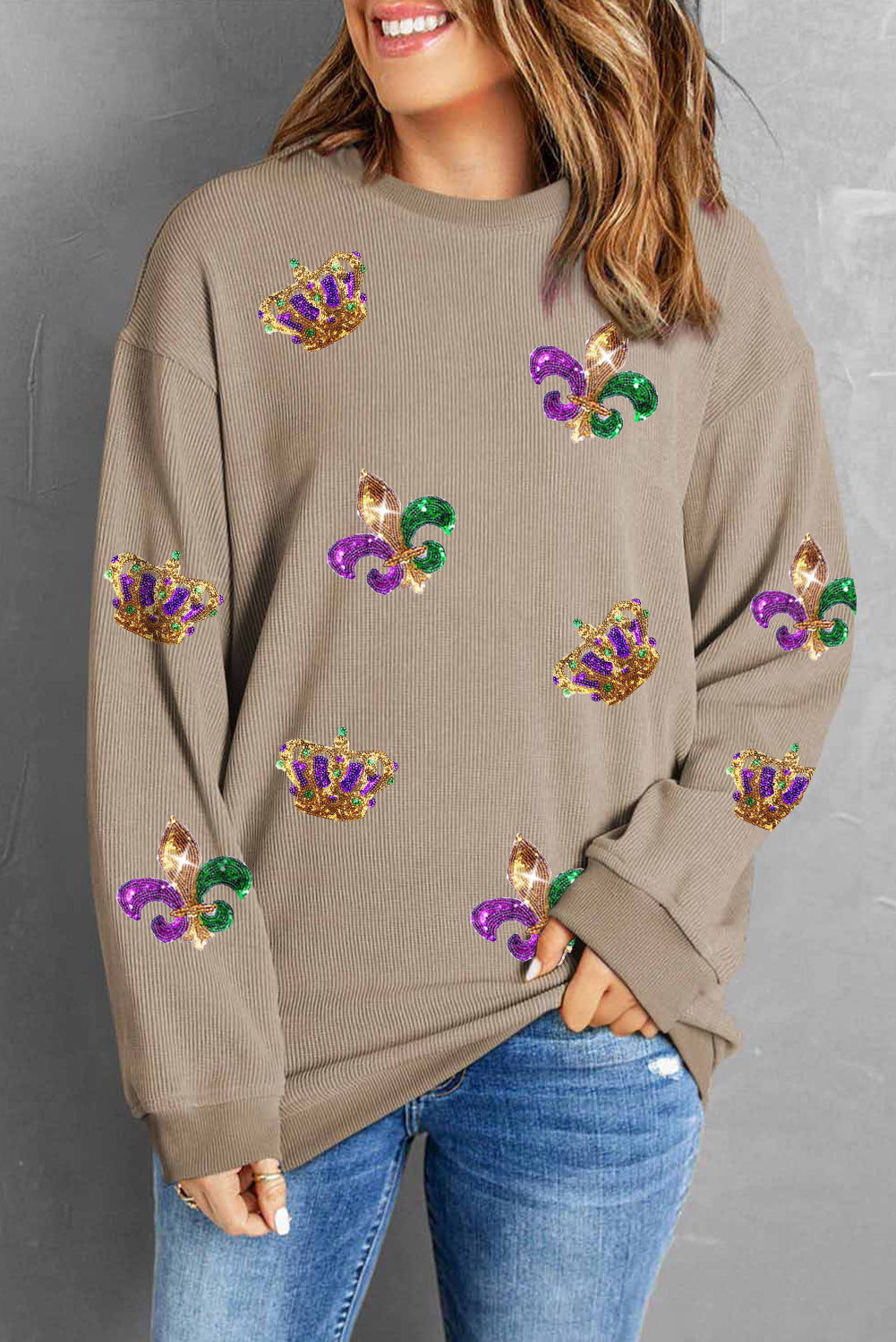 Khaki Mardi Gras Sequin Crown Fleur De Lis Corded Sweatshirt