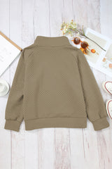 Apricot Quilted Buttoned Neckline Stand Neck Pullover Sweatshirt