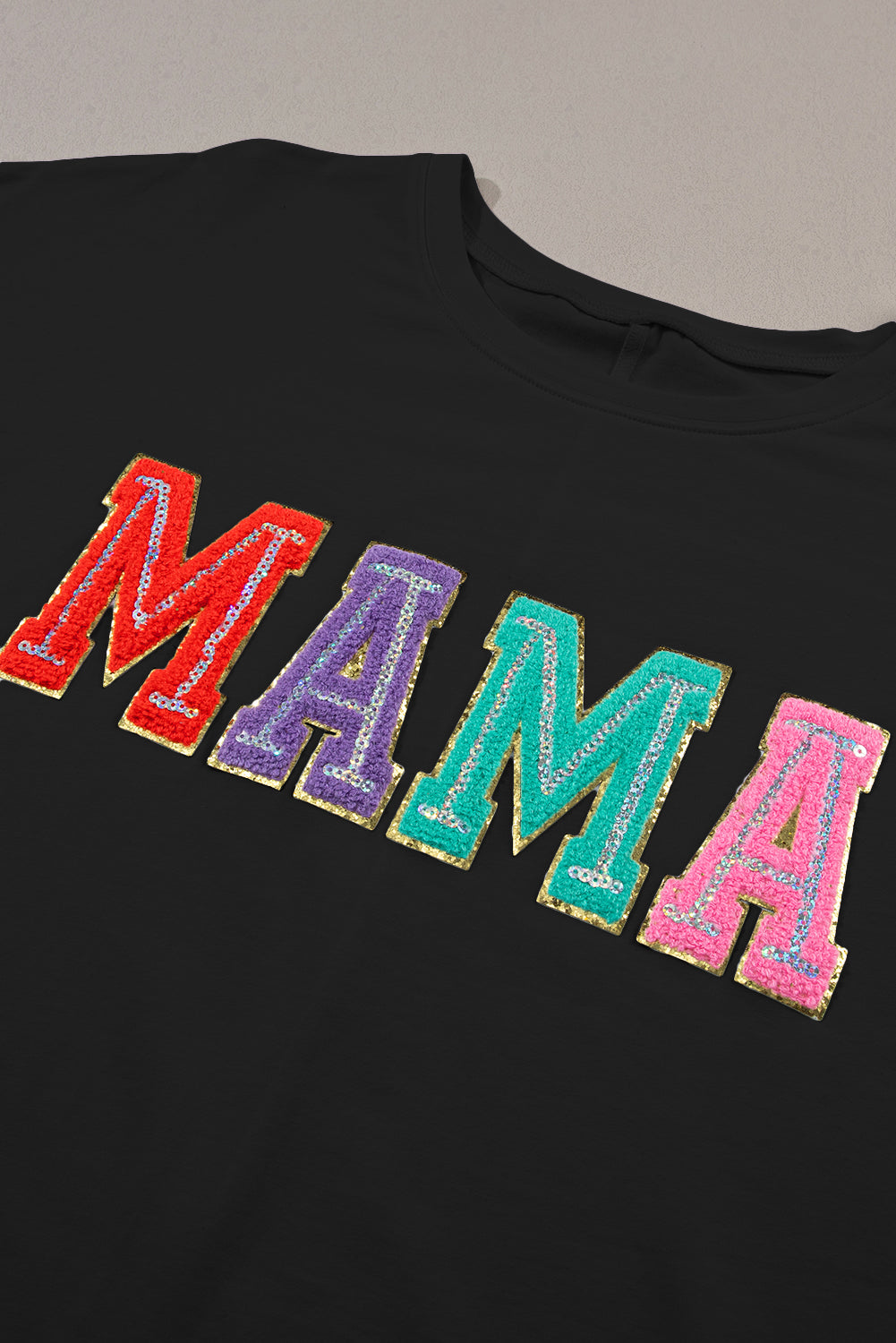 Multicolor MAMA Chenille Patched Crew Neck T Shirt